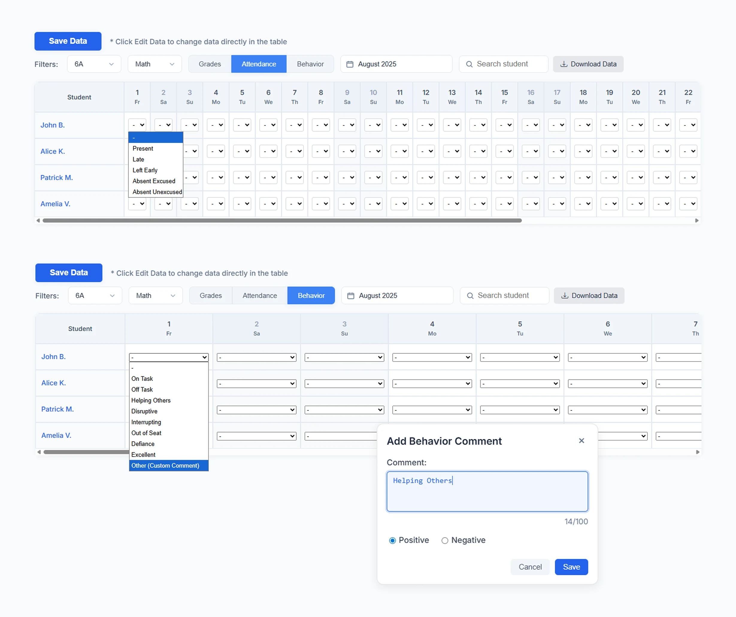 Lekktura combined interface for attendance tracking and behavior management