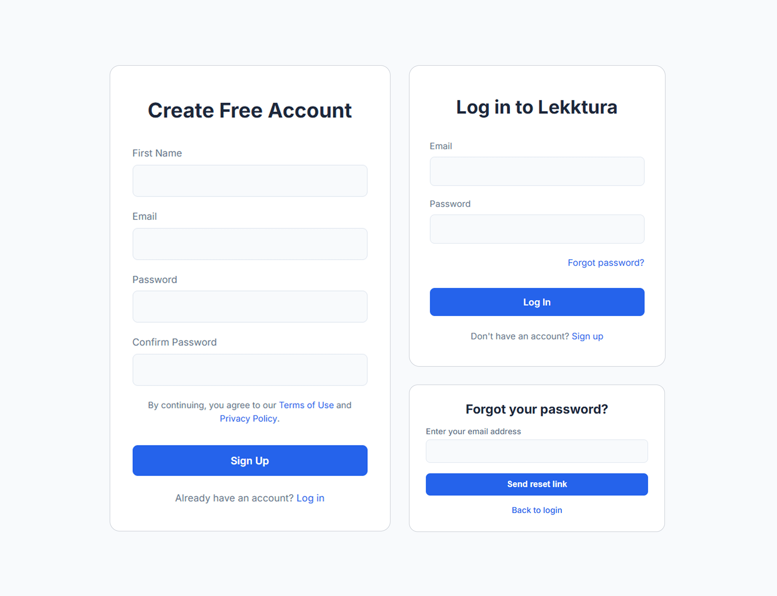 Lekktura authentication flow: create account, login, and password recovery screens