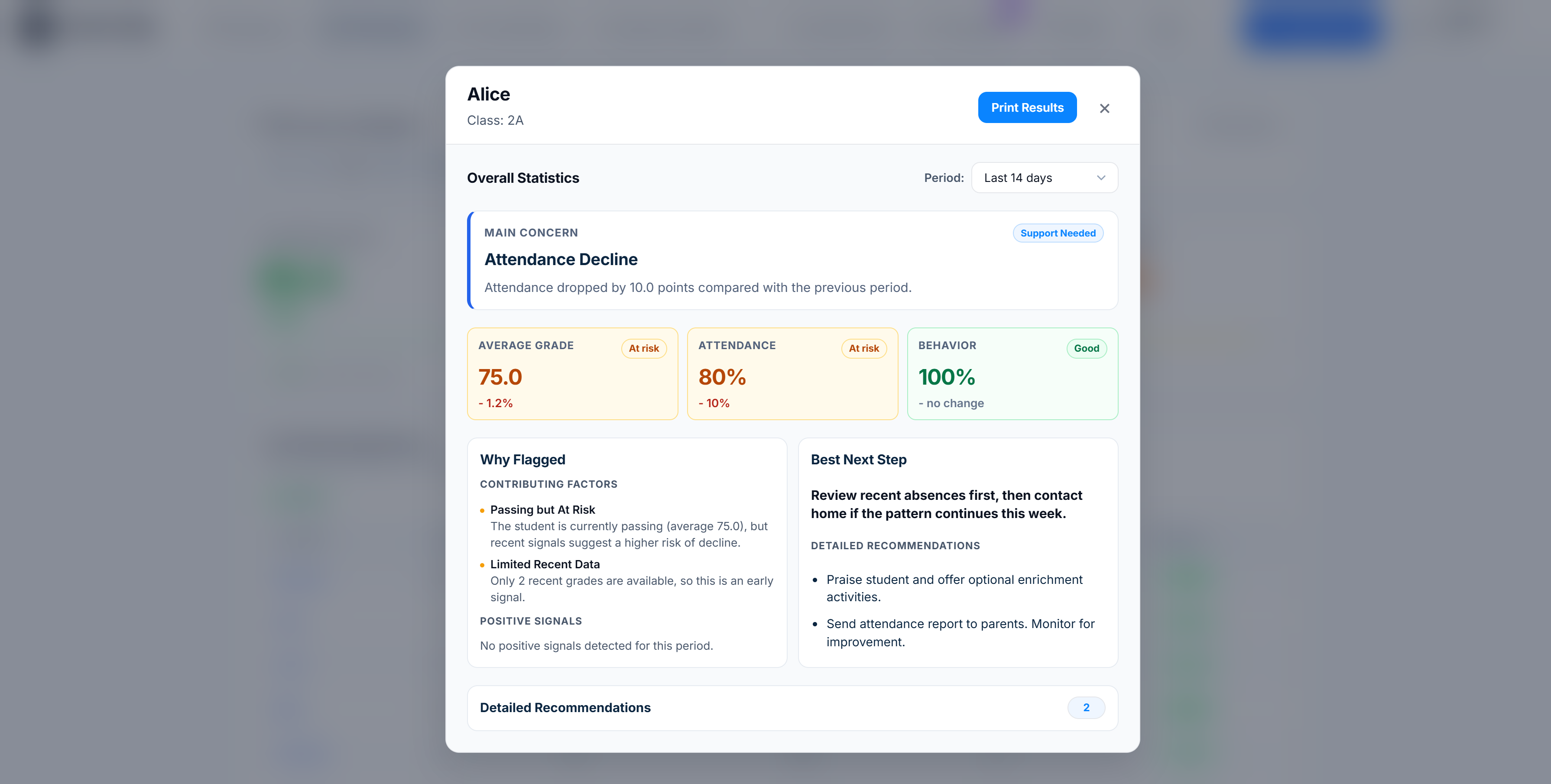 Lekktura individual student performance view with detailed metrics and progress