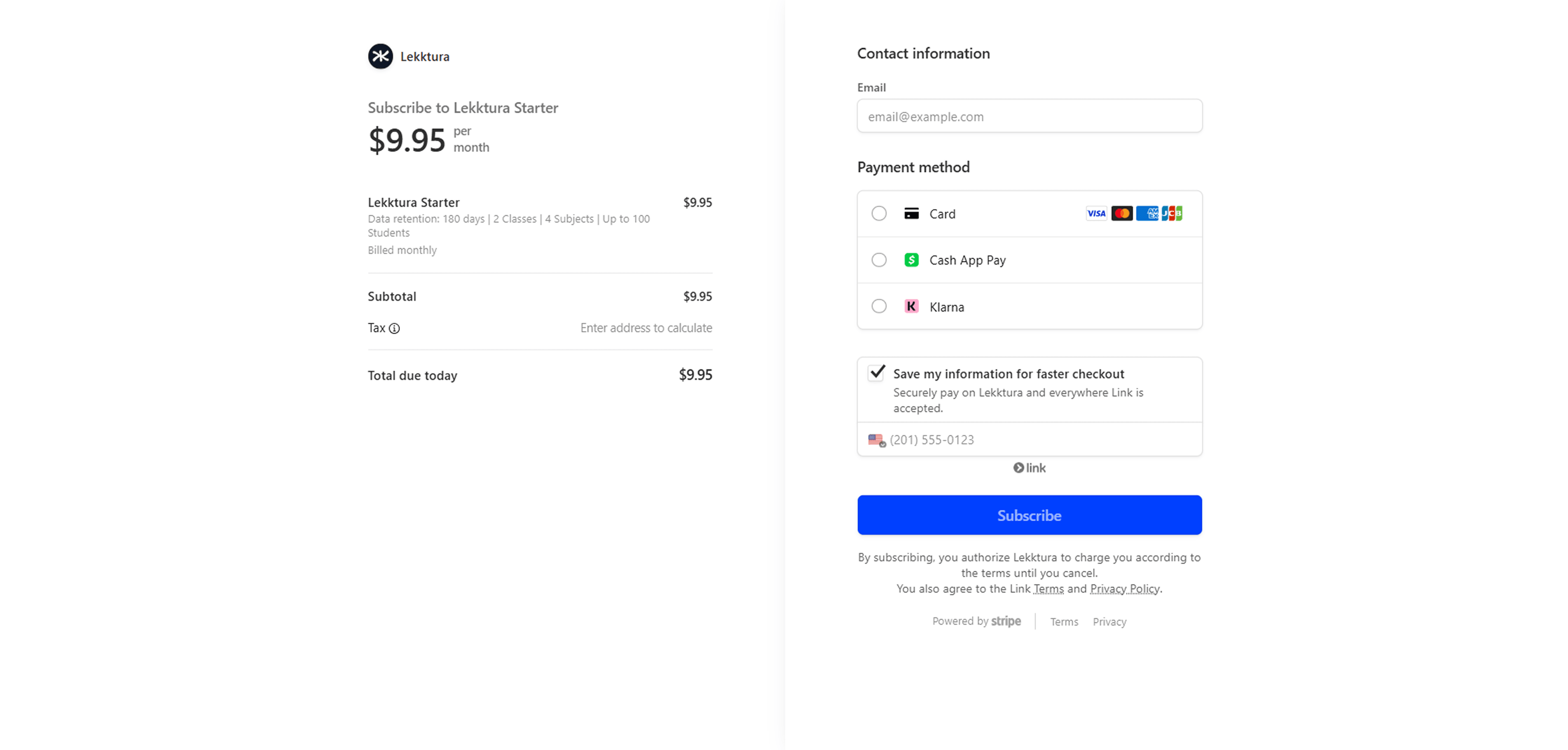 Lekktura Stripe integration screens for payment flow and subscription management